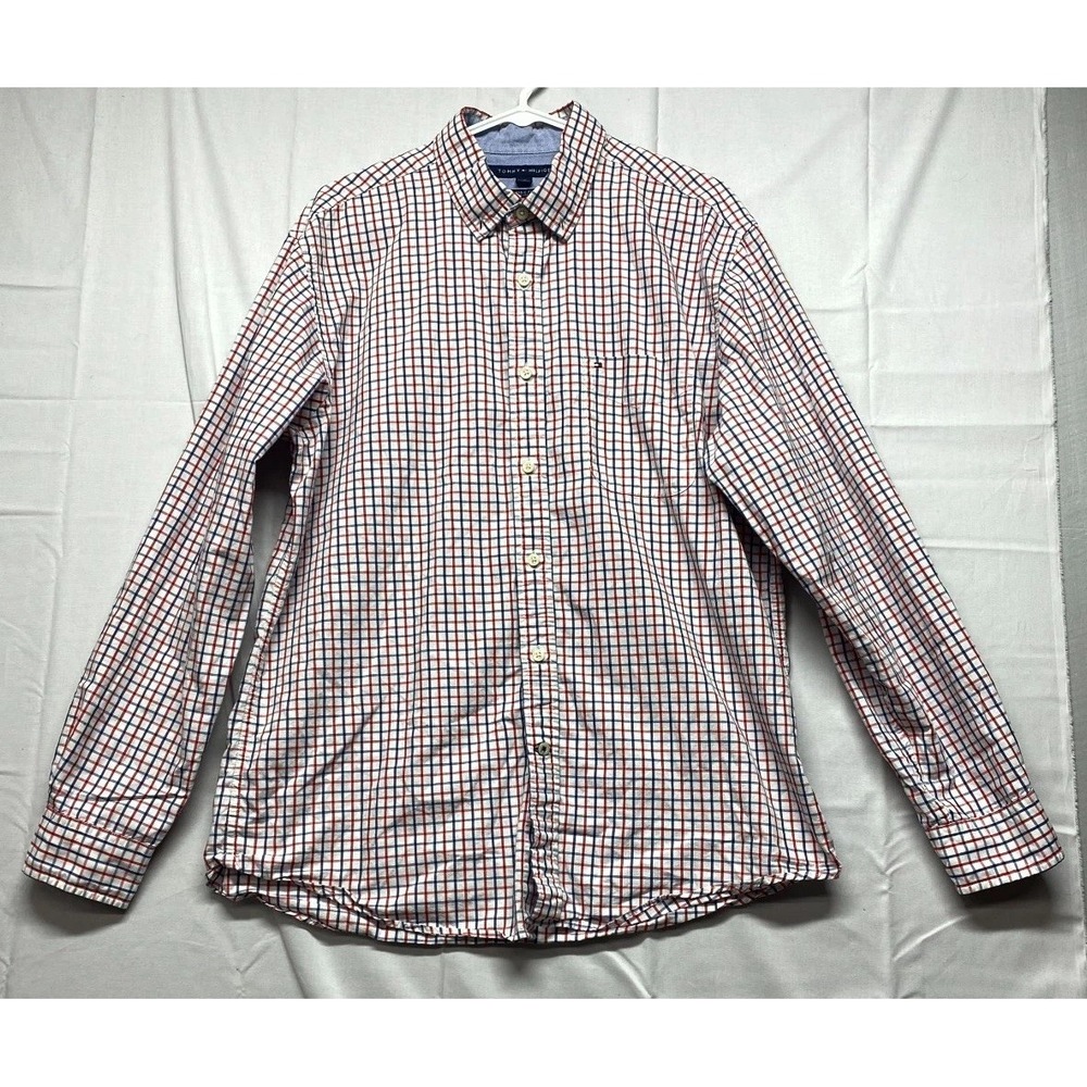 Tommy Hilfiger Shirt Mens Large White Red Blue Check Classic Fit Button Down